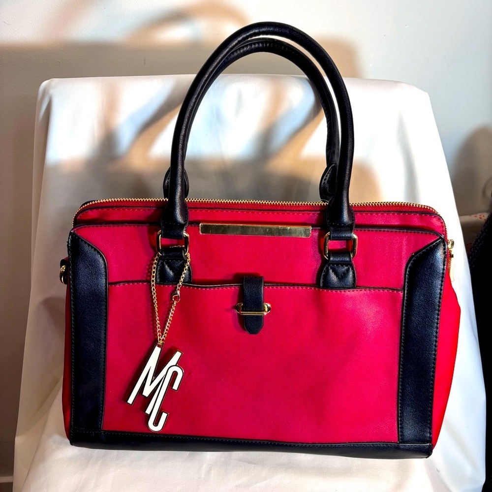 MACADAMIA Red Black Handbag Top Handle With Crossbody Strap Vegan Leather NEW